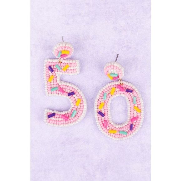 BIRTHDAY SPRINKLES '50' PINK SEED BEAD EARRINGS - Picture 1 of 4